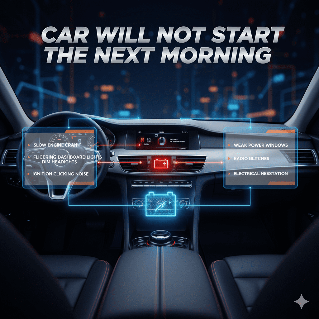 "Premium infographic showing a luxury car dashboard and battery with side panels highlighting warning signs of a weak car battery before morning failure."