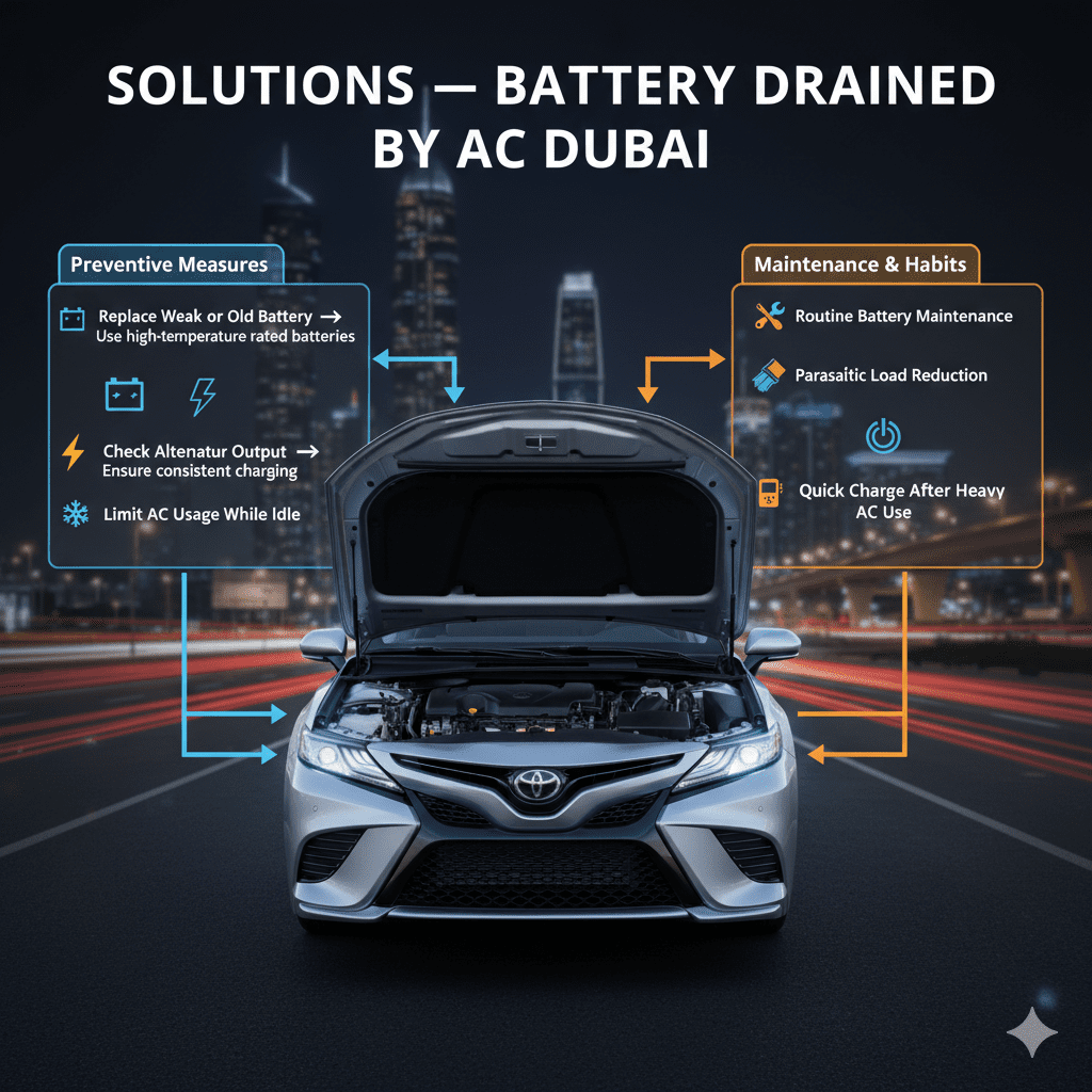 "Solutions – Battery Drained by AC Dubai" "Animated infographic showing solutions for battery drained by AC in Dubai, central branded car with glowing battery and dashboard, main solutions displayed on sides, title on top."