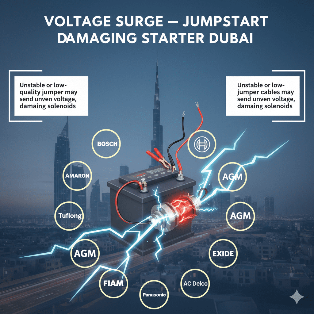 "Infographic showing voltage surge as a cause of jumpstart damaging starter in Dubai, with animated car battery in the center and top title 'Voltage Surge – Jumpstart Damaging Starter Dubai'. Key point displayed on sides."