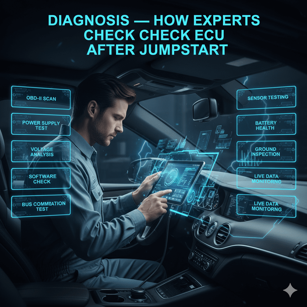 Professional ECU diagnostic process after jumpstart shown with technician scanning modern vehicle