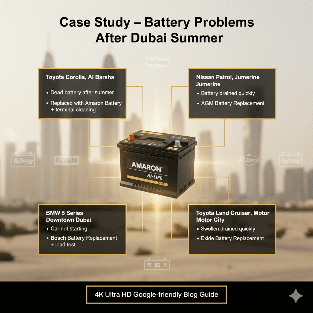 "Case study infographic showing battery problems after Dubai summer with branded car batteries, featuring Toyota Corolla, BMW 5 Series, Nissan Patrol, and Toyota Land Cruiser, including solutions with Amaron, Bosch, AGM, and Exide."