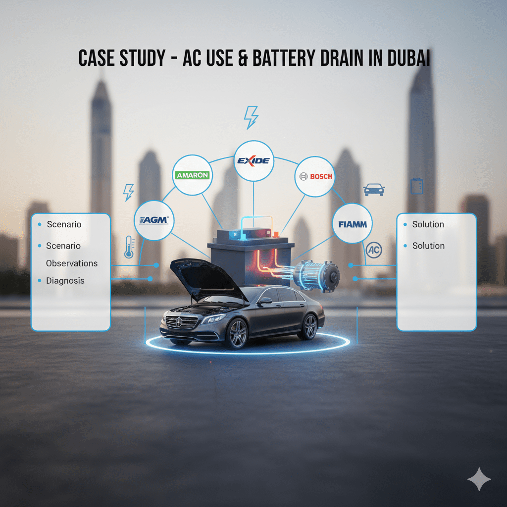 Feature image titled 'Cost & Value – Battery Replacement Guide Dubai' showing a 3D animated battery chart with price ranges for Standard Lead‑Acid, Premium Lead‑Acid, AGM, and High-Performance AGM, empty side panels for points, and animated battery brand logos (Amaron, Bosch, Tuflong, AGM, Exide, Panasonic, FIAMM, AC Delco) on a blurred Dubai cityscape background.