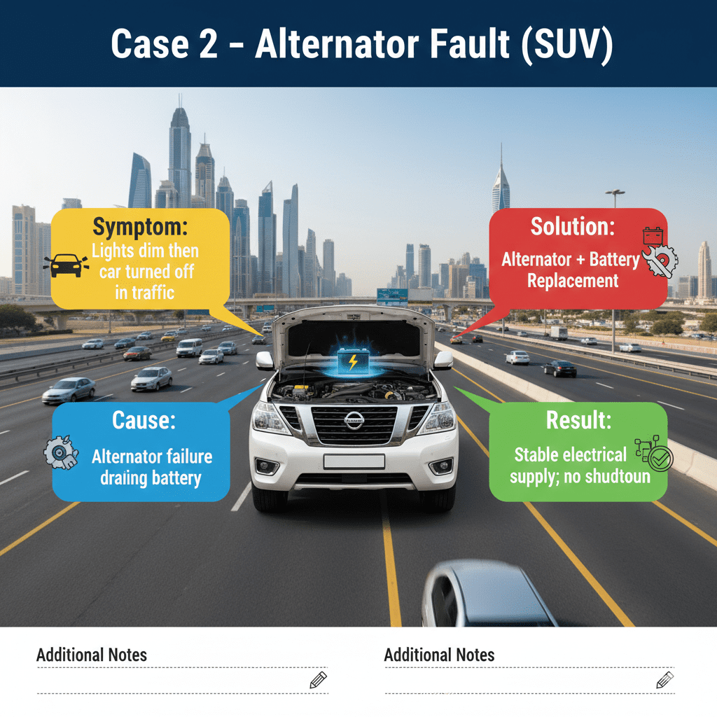 Animated infographic showing a premium SUV with engine and battery highlighted on Dubai roads, title 'Case 2 – Alternator Fault (SUV)' at top, with bullet points on sides for symptom, cause, solution, and result.