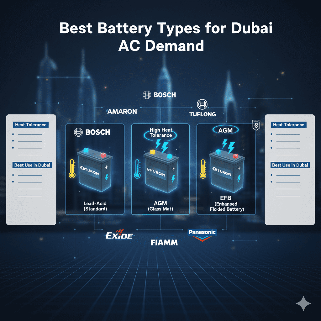 Feature image titled 'Best Battery Types for Dubai AC Demand' showing a 3D animated chart of Lead‑Acid, AGM, and EFB batteries, side panels empty for points (Heat Tolerance, AC Load Support, Best Use), with animated battery brand logos (Amaron, Bosch, Tuflong, AGM, Exide, Panasonic, FIAMM, AC Delco) on a blurred Dubai cityscape background.