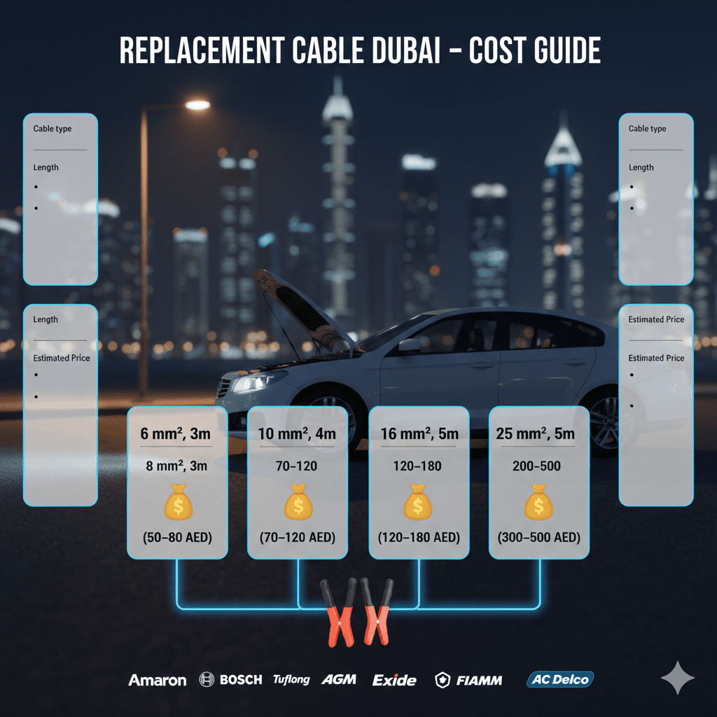 Feature image titled 'Replacement Cable Dubai – Cost Guide' showing a 3D animated chart of jumpstart cable types and estimated prices (6 mm² to 25 mm²), empty side panels for points, and animated battery brand logos (Amaron, Bosch, Tuflong, AGM, Exide, Panasonic, FIAMM, AC Delco) on a blurred Dubai cityscape background.