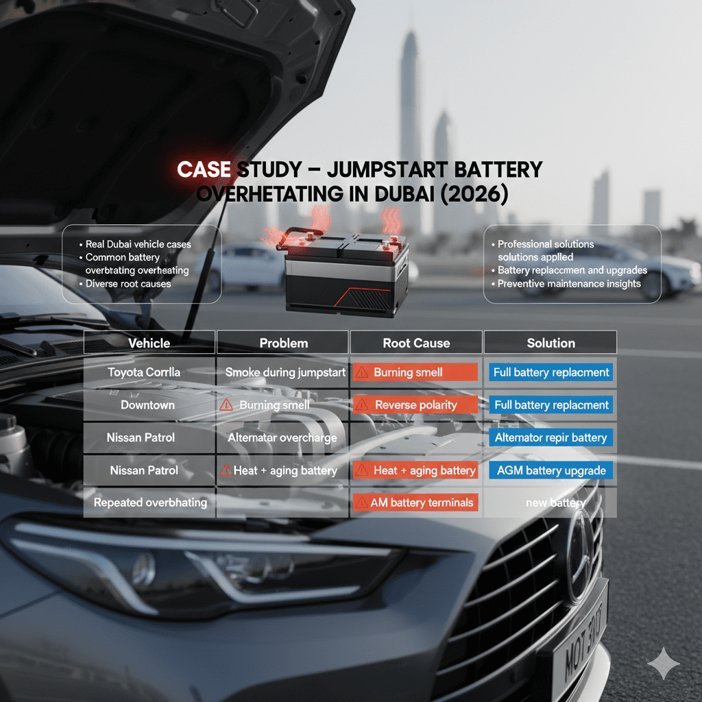 Infographic case study showing jumpstart battery overheating in Dubai vehicles, highlighting problems, root causes, and solutions with heat indicators and animated warning icons.