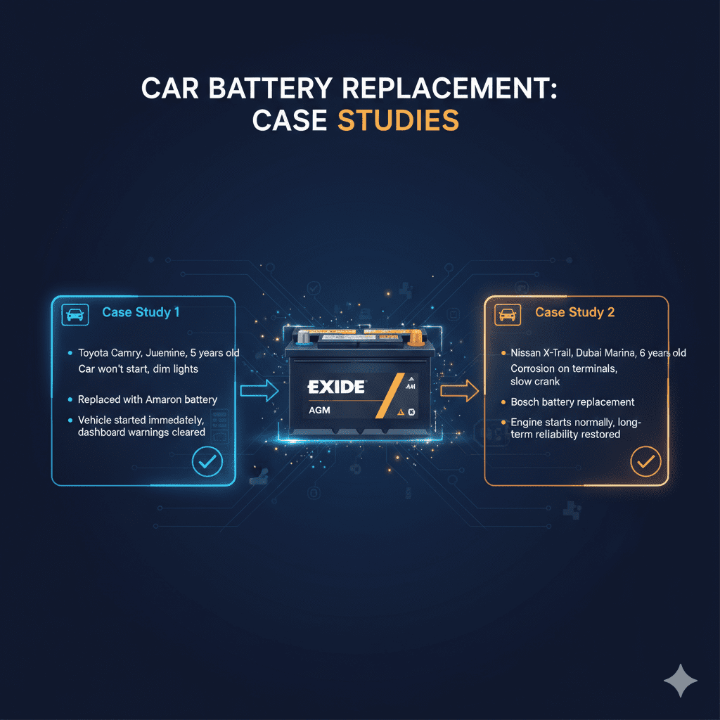 “Animated user guide image showing top title, central car battery image, and side bullet points summarizing case studies of old battery failures and replacements in Dubai.”