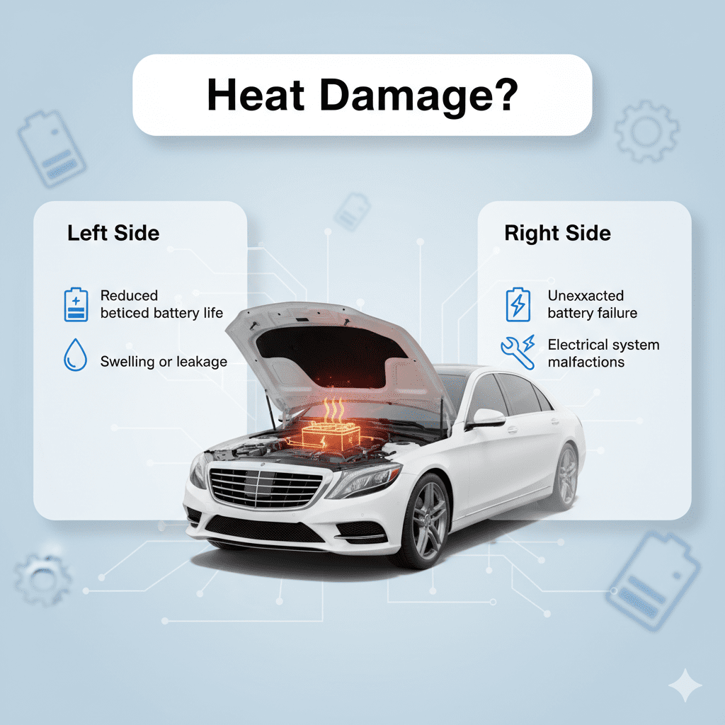 “User guide infographic showing main title ‘Heat Damage?’ at top, key points on left and right sides, and a premium vehicle image in the center with animated infographic style.”