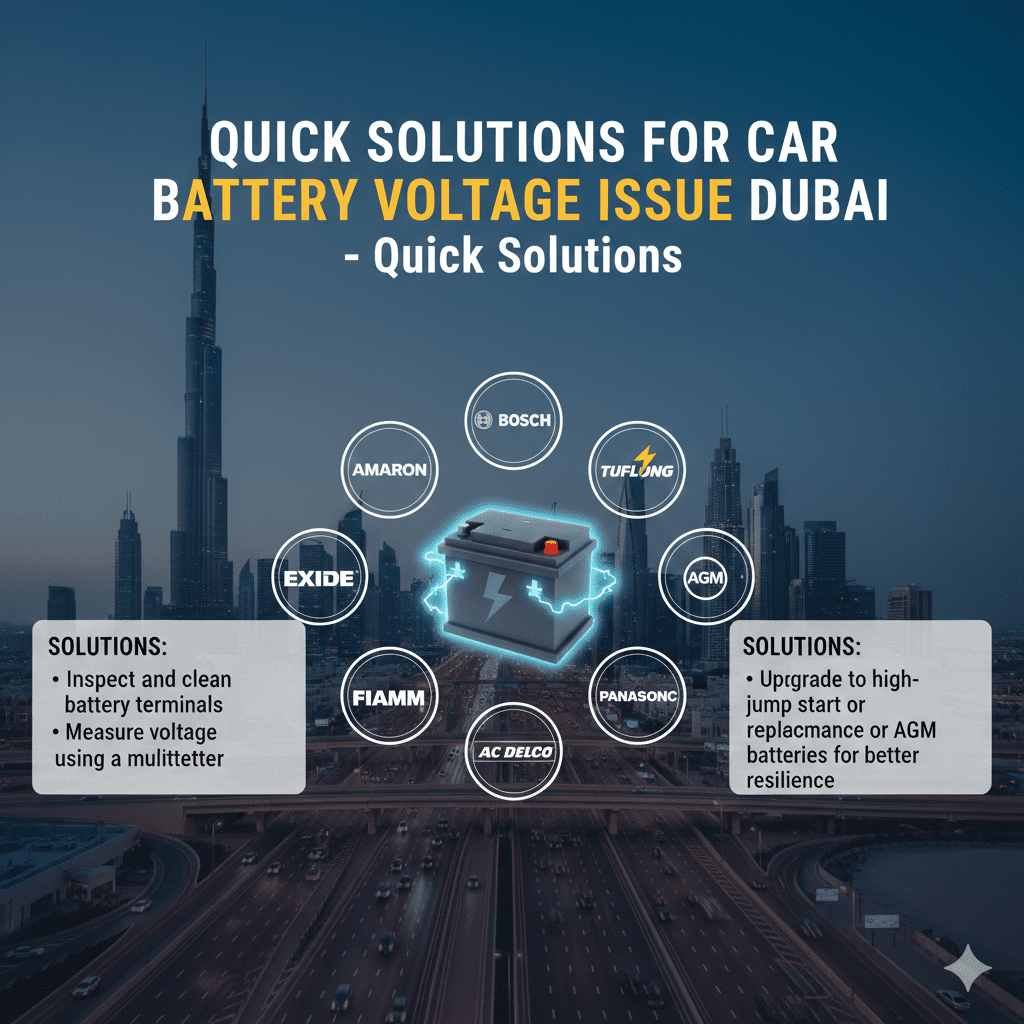 "Infographic illustrating quick solutions for car battery voltage issues in Dubai. Animated car battery in the center with popular brands, top title showing 'Quick Solutions for Car Battery Voltage Issue Dubai', and key steps displayed on the left and right sides."