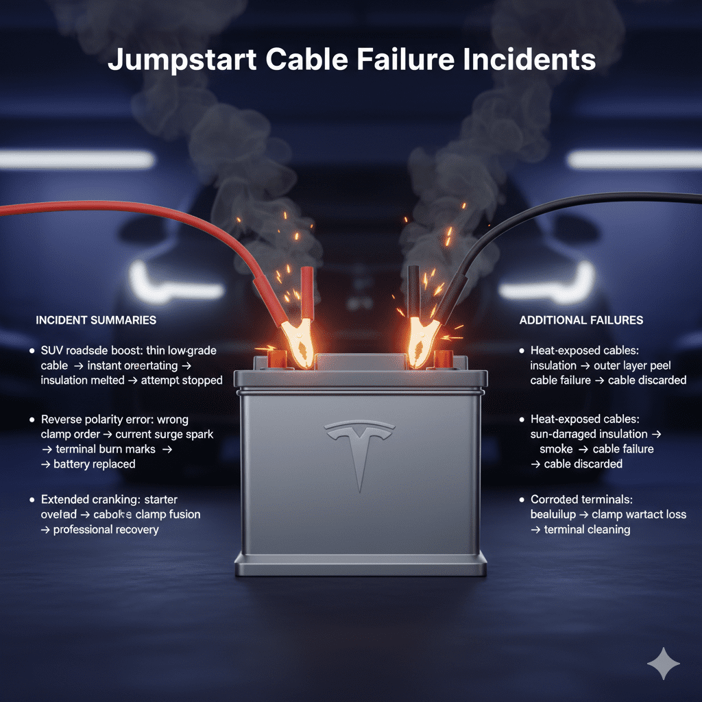 "Jumpstart cable failure incidents guide with premium battery in center, key failure scenarios displayed as animated bullet points on sides, glowing jumper cables showing heat and damage."
