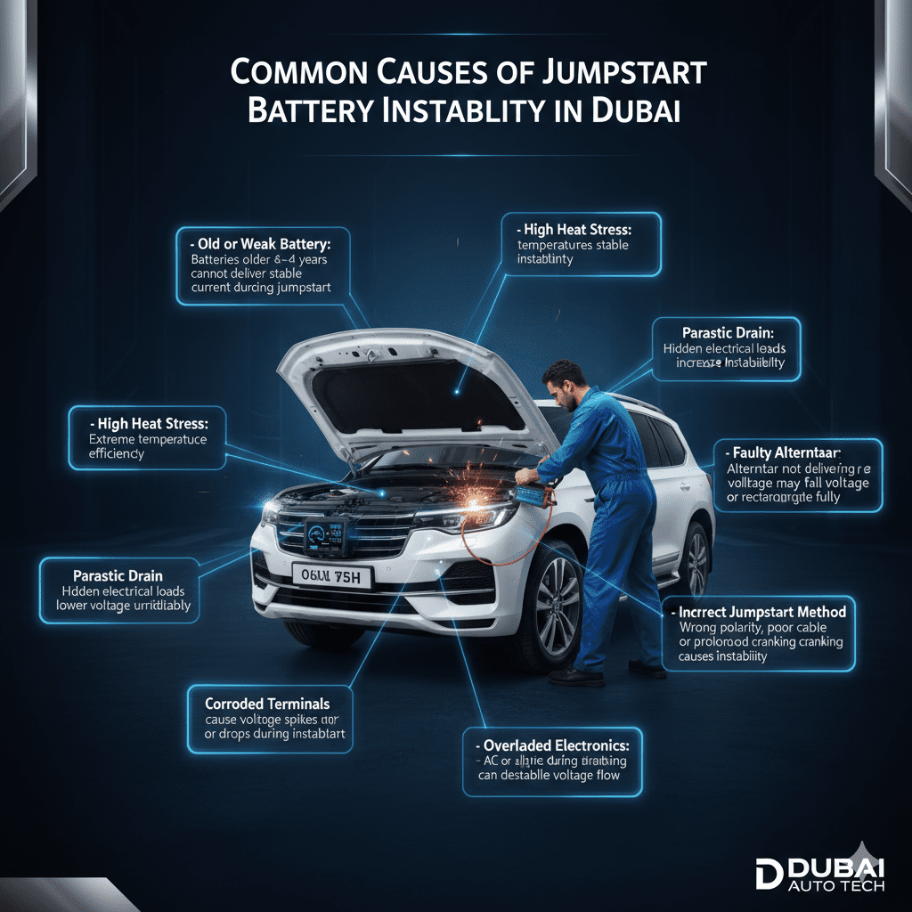 Infographic showing common causes of jumpstart battery instability in Dubai including old battery, heat stress, parasitic drain, faulty alternator, corroded terminals, and incorrect jumpstart methods