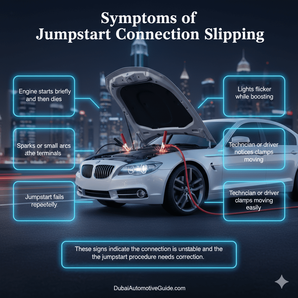 Feature image showing 'Symptoms of Jumpstart Connection Slipping' with title at the top, key symptoms highlighted in glowing side text boxes, and a central cinematic premium car with hood open, jumper cables attached, and subtle sparks at battery terminals, animated-style highlights.