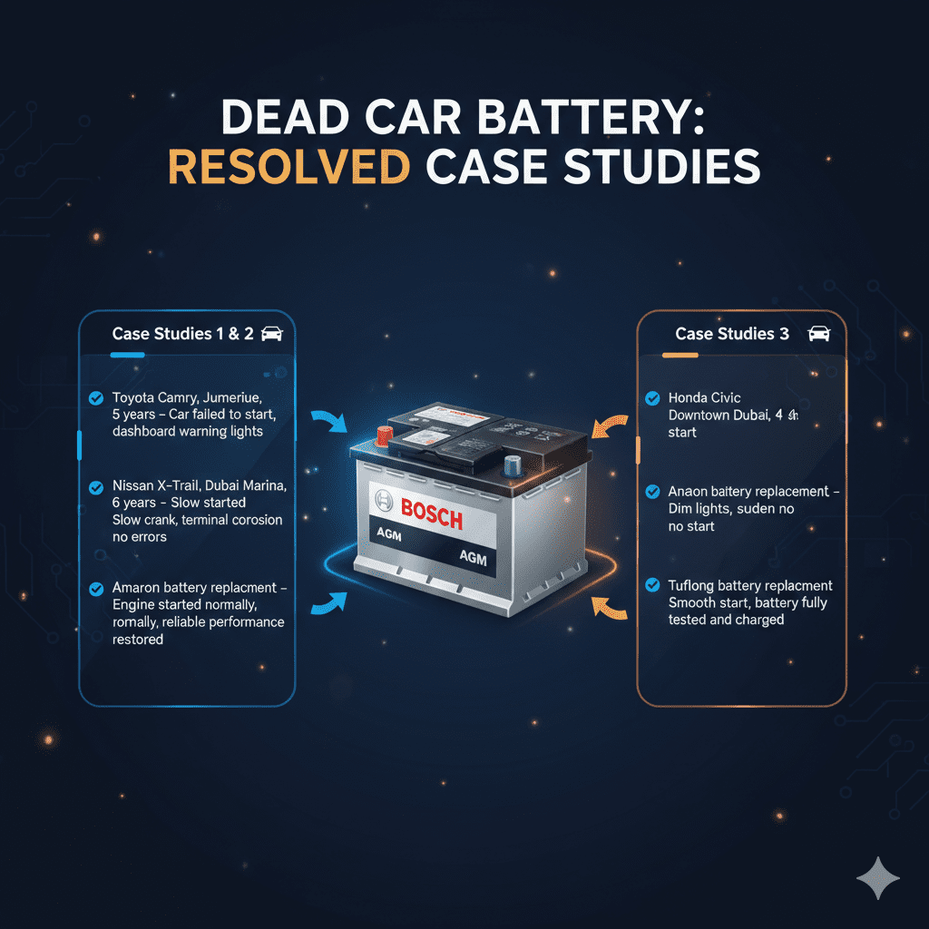 “Case Study: Sudden Battery Failure – Dubai” “Animated user guide image showing a top title, central car battery image, and bullet-pointed case study highlights of sudden battery failures in Dubai on both sides.”