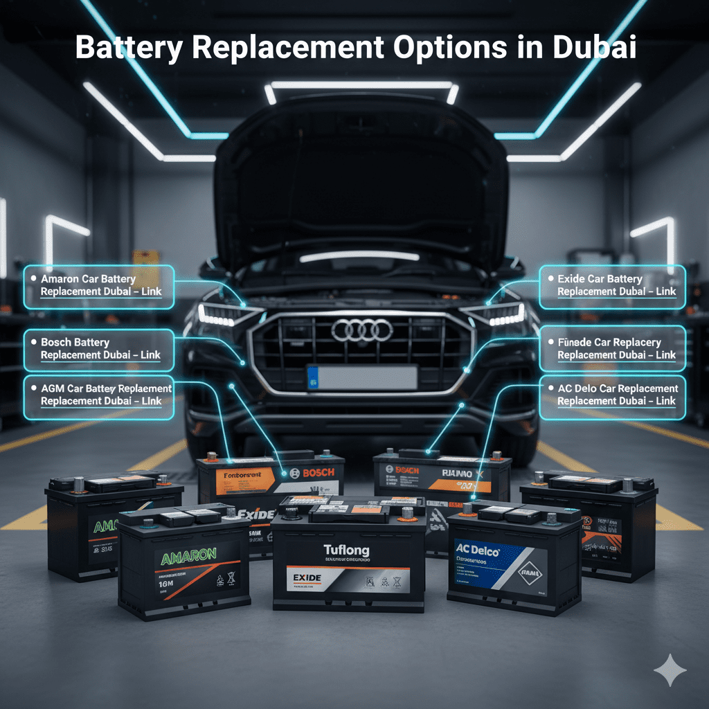 Multiple premium car batteries (Amaron, Bosch, Tuflong, AGM, Exide, Panasonic, FIAMM, AC Delco) displayed in a professional Dubai service center with infographic-style bullet points listing each replacement option.
