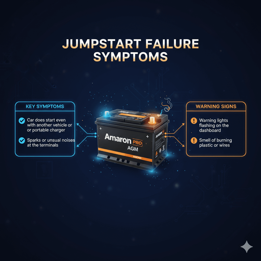 “Animated user guide image showing a top title, central car battery image, and bullet-pointed key symptoms of a jumpstart connection error on both sides.”