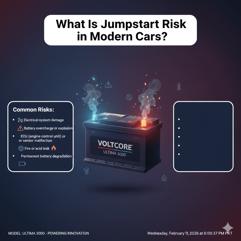 “Professional user guide illustration showing what jumpstart risk in modern cars is, with title at the top, key risk points on sides, and an animated branded battery in the center.”