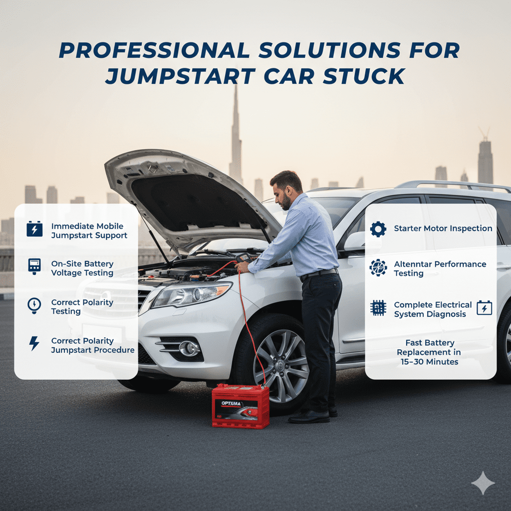 Professional Dubai mobile technician performing battery testing and jumpstart service with key solution points displayed in a clean automotive infographic layout.