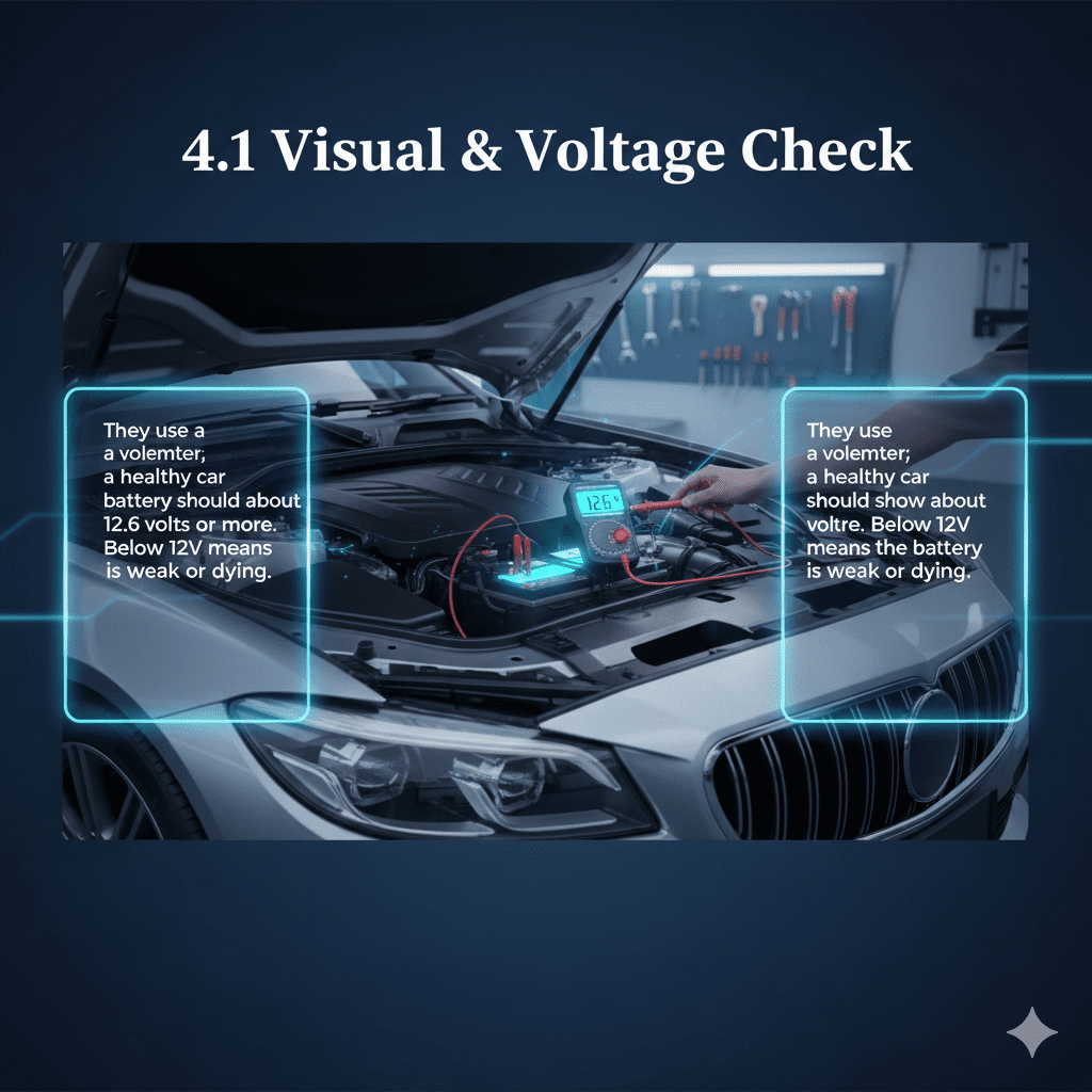 Feature image showing '4.1 Visual & Voltage Check' with title at the top, explanation highlighted in glowing side text boxes, and a central cinematic premium car battery being tested with a voltmeter, animated-style highlights.