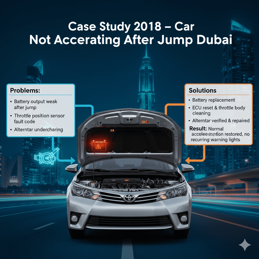 "Case Study: Toyota Corolla 2018 – Car Not Accelerating After Jump Dubai" "Animated infographic showing Toyota Corolla 2018 case study of car not accelerating after jump in Dubai, central car with glowing battery and dashboard, key problems and solutions on sides, title on top."