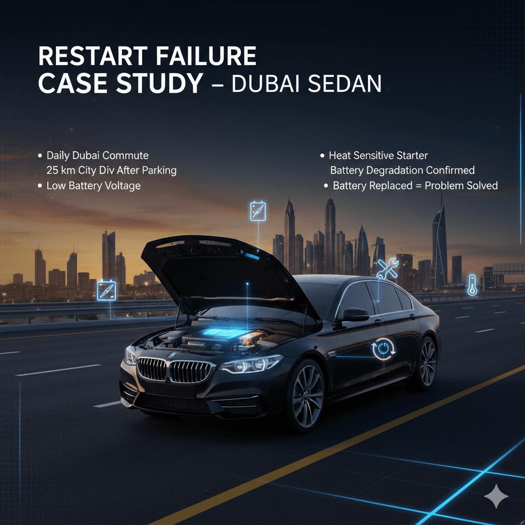 Dubai sedan restart failure case study showing battery degradation infographic