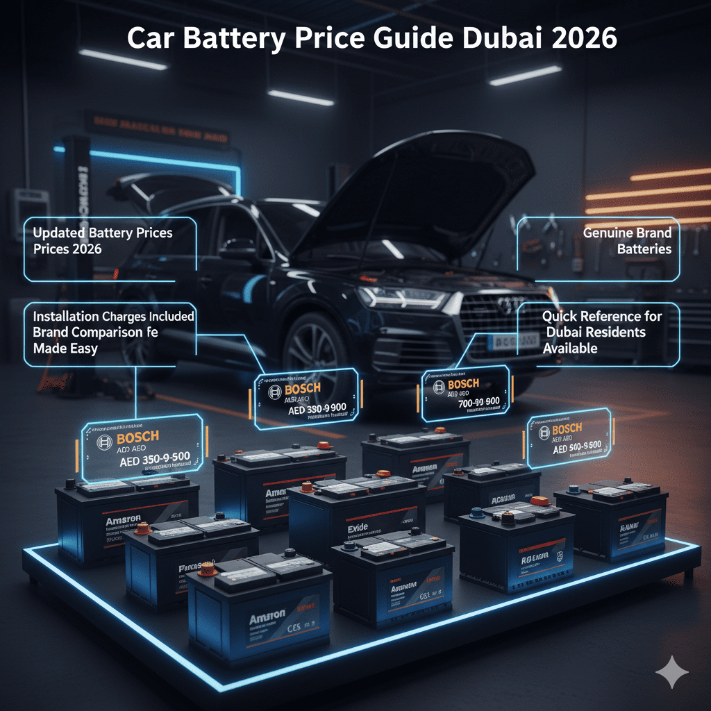 Professional service center with premium car batteries displayed, infographic-style bullet points showing updated 2026 prices, installation charges, and brand comparison for Dubai residents.