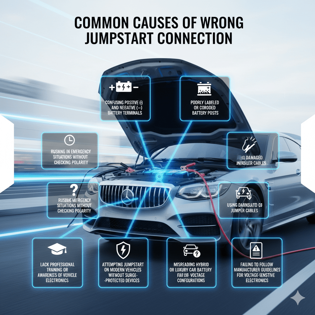 Infographic showing common causes of wrong jumpstart connections, with central luxury vehicle illustration and animated points illustrating battery and jumper cable errors.