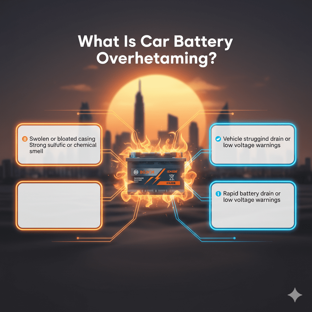 "Animated infographic showing what car battery overheating is, with symptoms like swollen casing, chemical smell, vehicle struggling to start, and rapid battery drain, alongside a premium battery image."