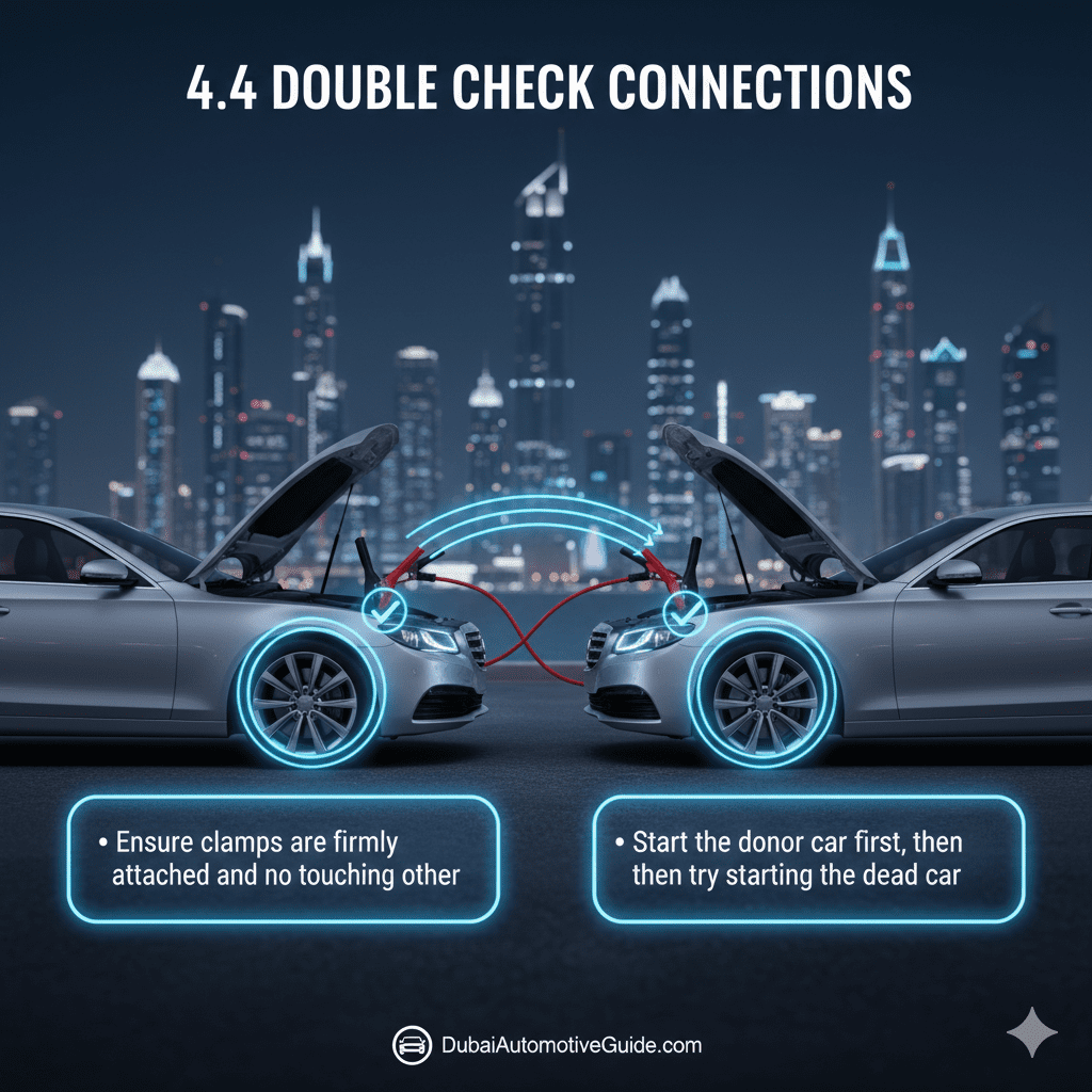 Feature image showing '4.4 Double Check Connections' with title at the top, key steps highlighted in glowing side text boxes, and a central cinematic scene with two cars, donor car ready, clamps securely attached to the dead battery, animated-style highlights.
