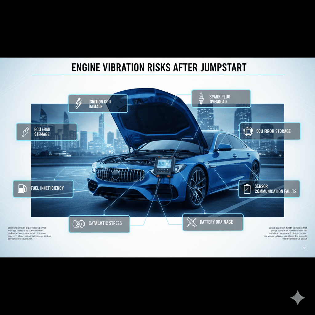 Infographic showing engine vibration risks after a jumpstart, with key mechanical and electronic consequences displayed around a central luxury car illustration.
