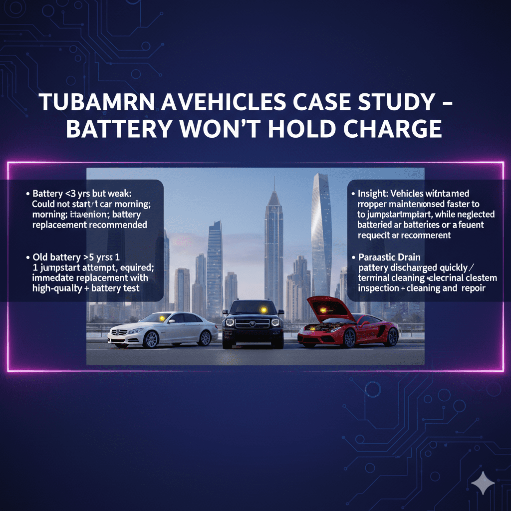 Animated-style user guide image showing the title "Dubai Marina Vehicles Case Study – Battery Won’t Hold Charge" at the top, a central animated fleet of cars with battery indicators, and key case study points displayed neatly on both sides.