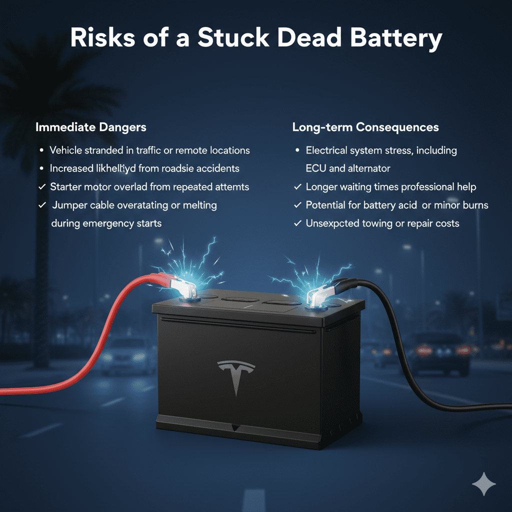 "Risks of a stuck dead battery guide with premium battery in center, key roadside risks displayed as animated bullet points on sides, glowing jumper cables showing electrical hazard."