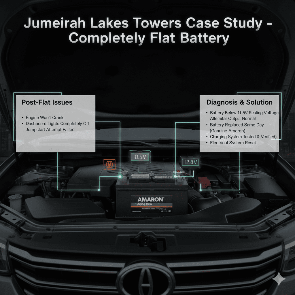 Infographic showing a car battery in a modern SUV engine bay with animated zero voltage, dashboard lights off, and failed jumpstart attempt, illustrating a real flat battery case in Dubai.