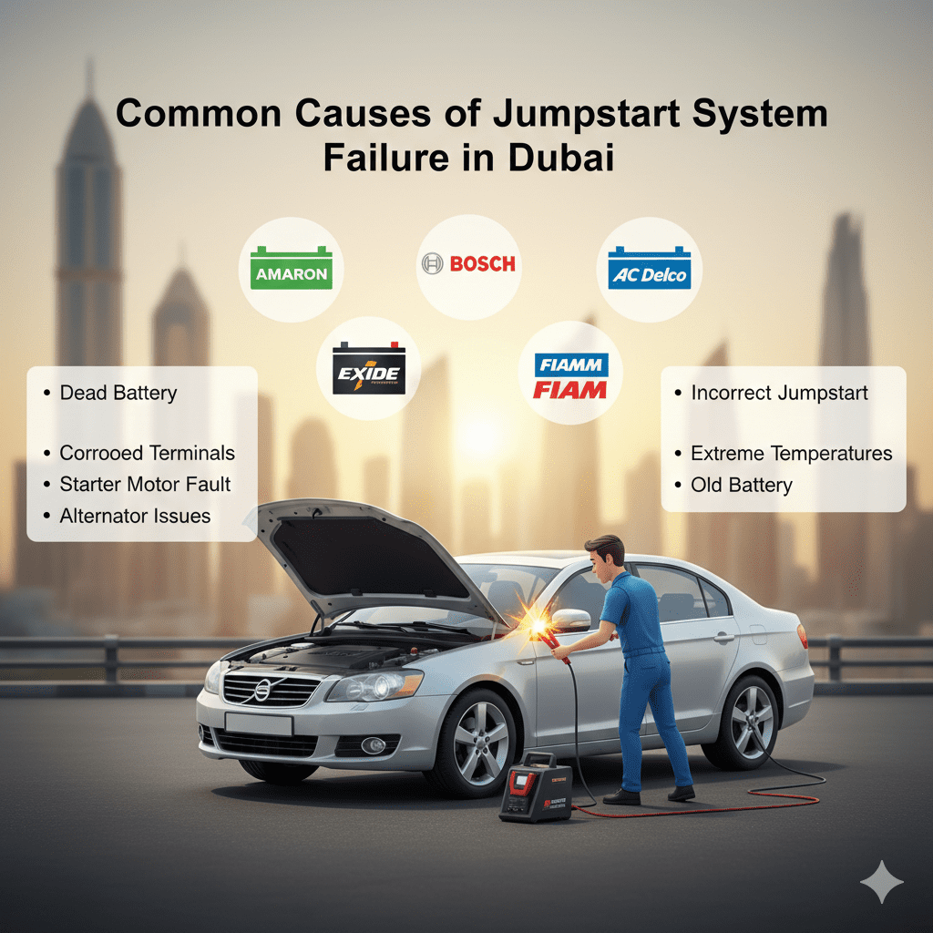 "Animated-style user guide image showing common causes of jumpstart system failure in Dubai, with a technician jumpstarting a car, bullet points on sides for Dead Battery, Corroded Terminals, Starter Motor Fault, Alternator Issues, Incorrect Jumpstart, Extreme Temperatures, Old Battery, and logos of Amaron, Bosch, AGM, Exide, Panasonic, FIAMM, AC Delco around the car, Dubai skyline in the background."