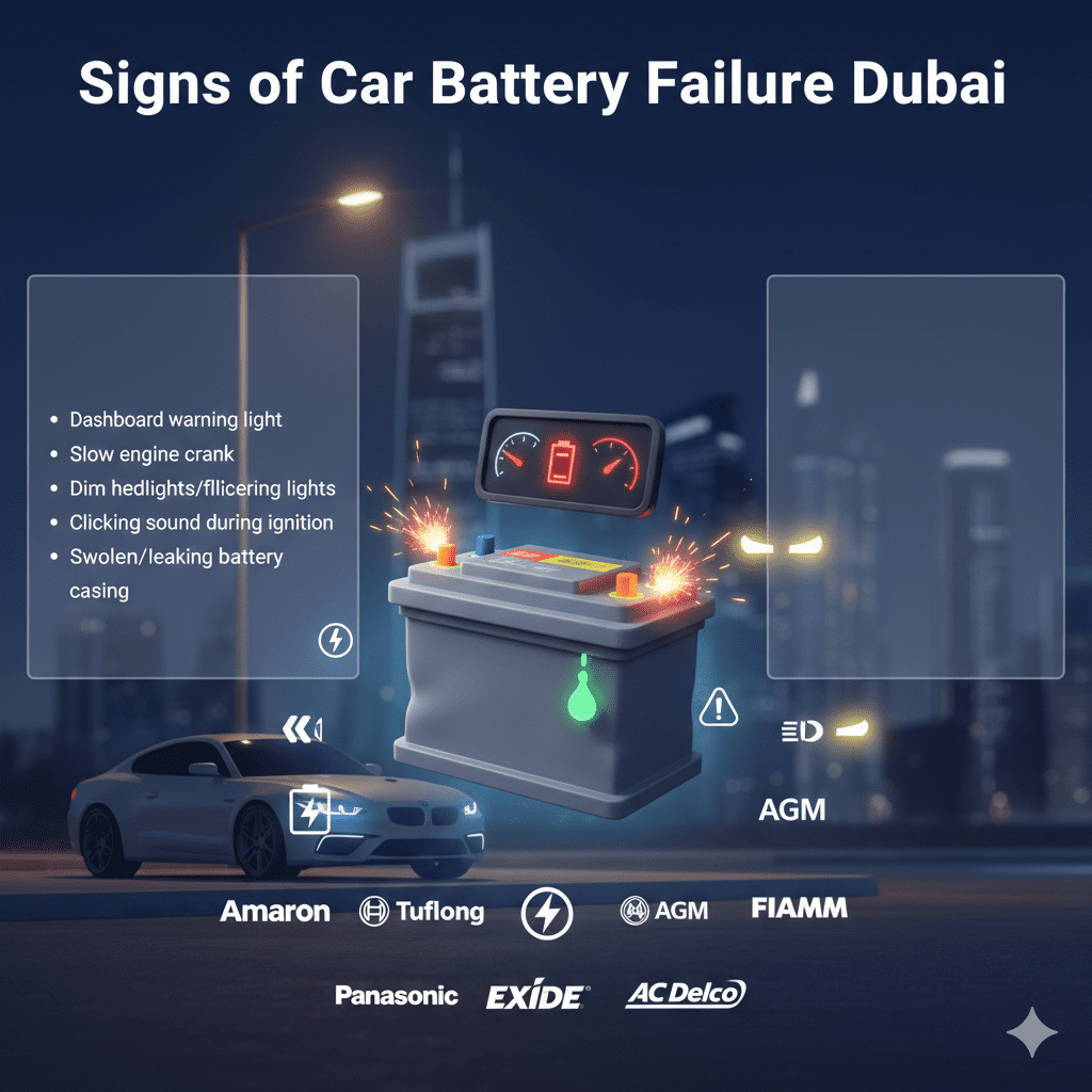 Feature image titled 'Signs of Car Battery Failure Dubai' showing a 3D animated car battery with dashboard warning light, slow engine crank, dim headlights, clicking ignition, and partially swollen/leaking casing. Empty side panels for points, and animated battery brand logos (Amaron, Bosch, Tuflong, AGM, Exide, Panasonic, FIAMM, AC Delco) on a blurred Dubai cityscape background.