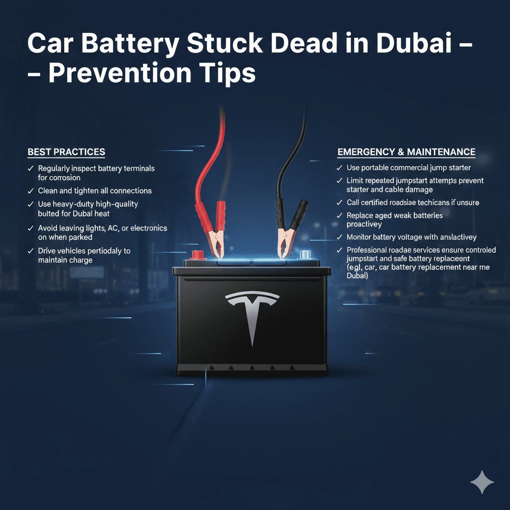 "Car Battery Stuck Dead in Dubai prevention guide with premium battery in center, key maintenance and safety tips displayed as animated bullet points on sides, glowing jumper cables showing safe handling."