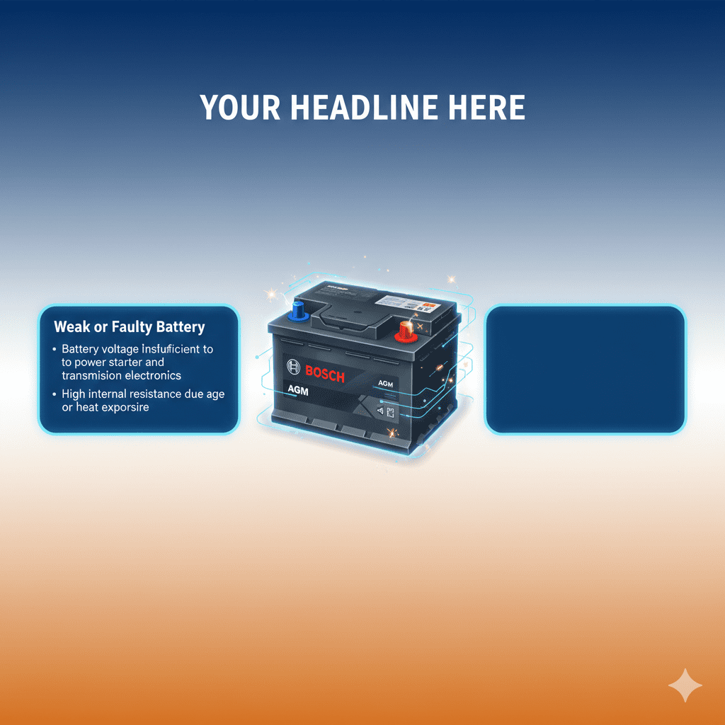 “Animated user guide infographic showing a central premium car battery with glowing sparks, dynamic title at top, and key points on sides including insufficient battery voltage and high internal resistance.”