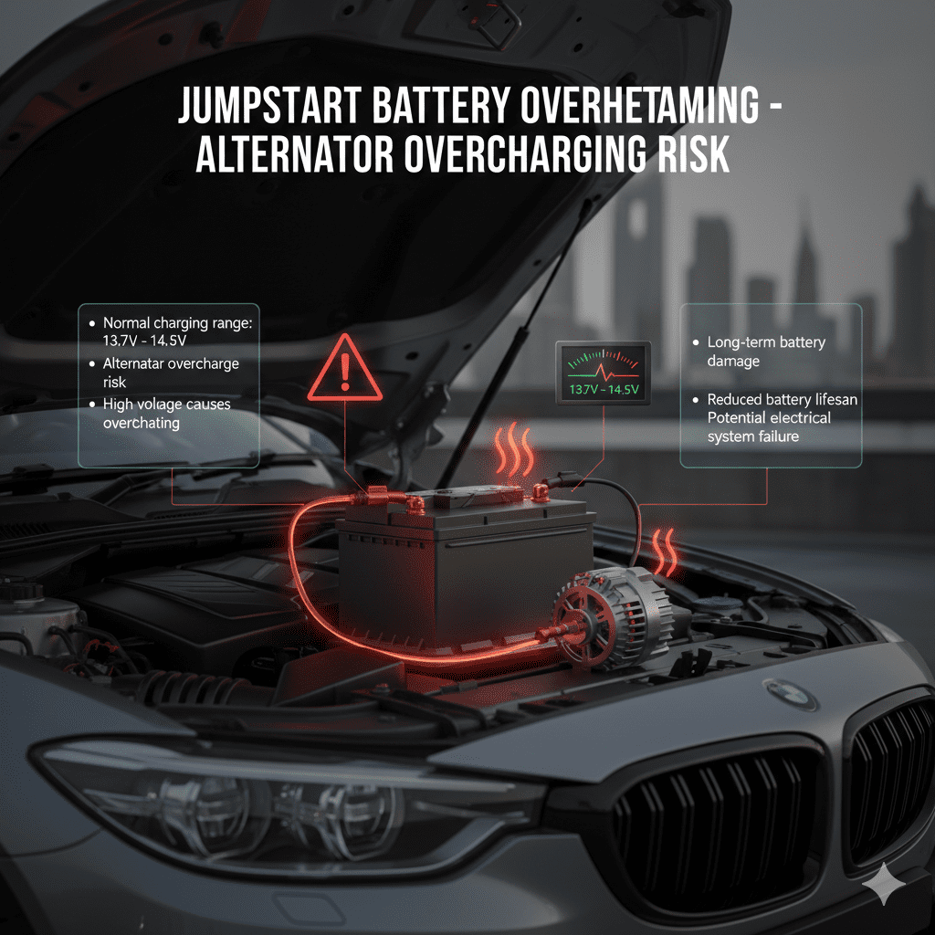 Infographic showing jumpstart battery overheating caused by alternator overcharging, voltage spike above 14.5V, and heat buildup in the battery.