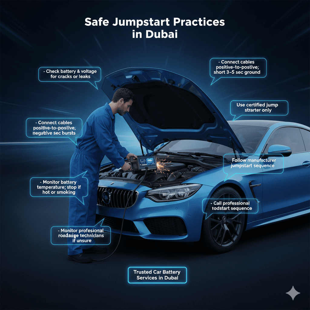 Infographic showing safe jumpstart practices for car batteries in Dubai with step-by-step guidance