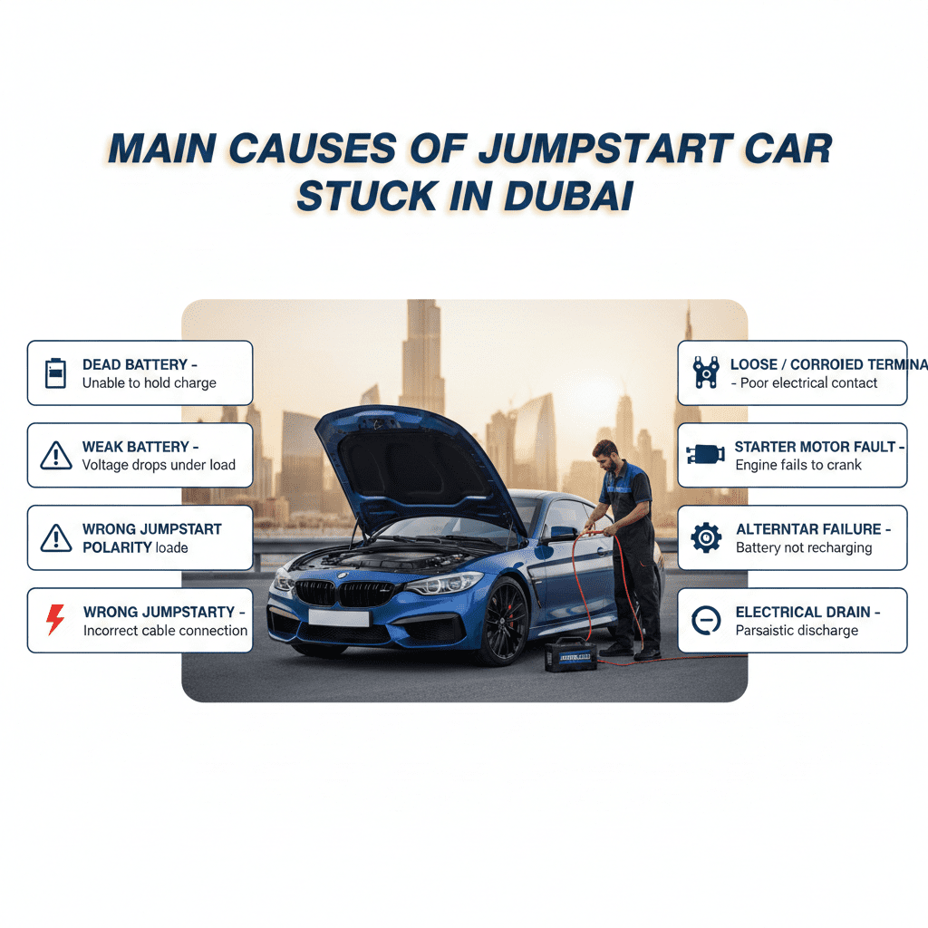 Professional infographic showing technician jumpstarting a car in Dubai with key causes like dead battery, weak battery, alternator failure, and starter motor fault displayed on both sides.