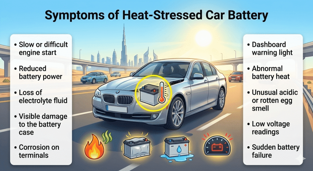 Symptoms of Heat-Stressed Car Battery Animated-style user guide infographic showing a premium car with engine hood open in Dubai cityscape, title 'Symptoms of Heat-Stressed Car Battery' at the top, with empty spaces on sides for bullet points listing key symptoms including difficulty starting, slow cranking, swollen battery, electrolyte leakage, burning odor, voltage drop, and dashboard warning lights.