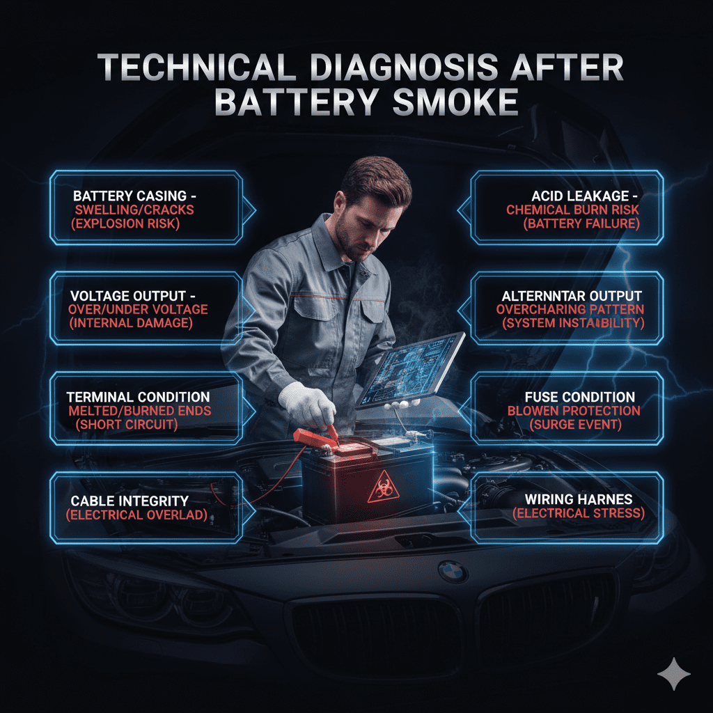 Professional battery inspection and technical diagnosis after smoke during jumpstart, highlighting key risk areas