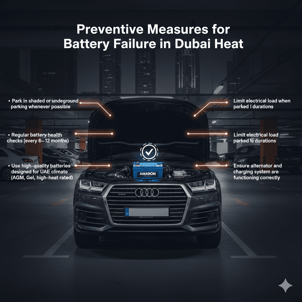 Luxury car parked in shaded underground parking with premium battery; infographic-style bullet points show preventive measures including shaded parking, battery checks, high-quality UAE-rated batteries, electrical load limits, and alternator maintenance.