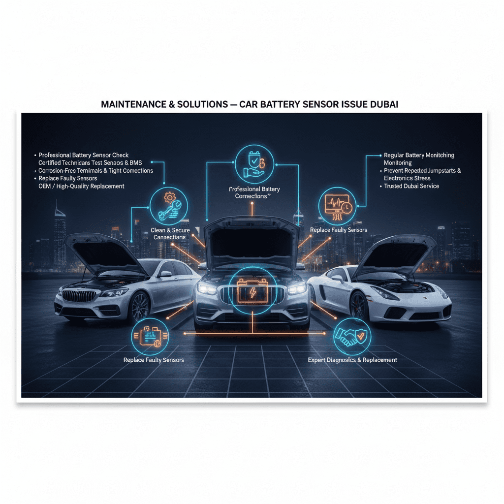 Dubai car battery infographic showing maintenance and solutions for battery sensor issues including professional checks, clean connections, sensor replacement, and regular health monitoring
