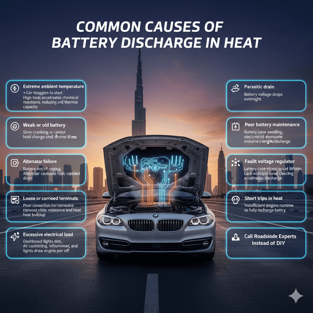 "Infographic showing common causes of battery discharge in heat Dubai, with central luxury car and side bullet points highlighting extreme temperature, weak battery, alternator failure, electrical load, and poor maintenance."