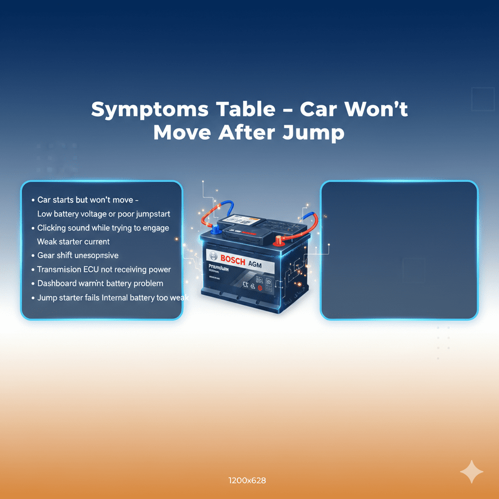 “Animated user guide infographic showing a central premium car battery with glowing sparks, dynamic title at top, and key symptoms displayed on sides including car starts but won’t move, clicking sound, unresponsive gear shift, dashboard warning lights, and jump starter fails.”