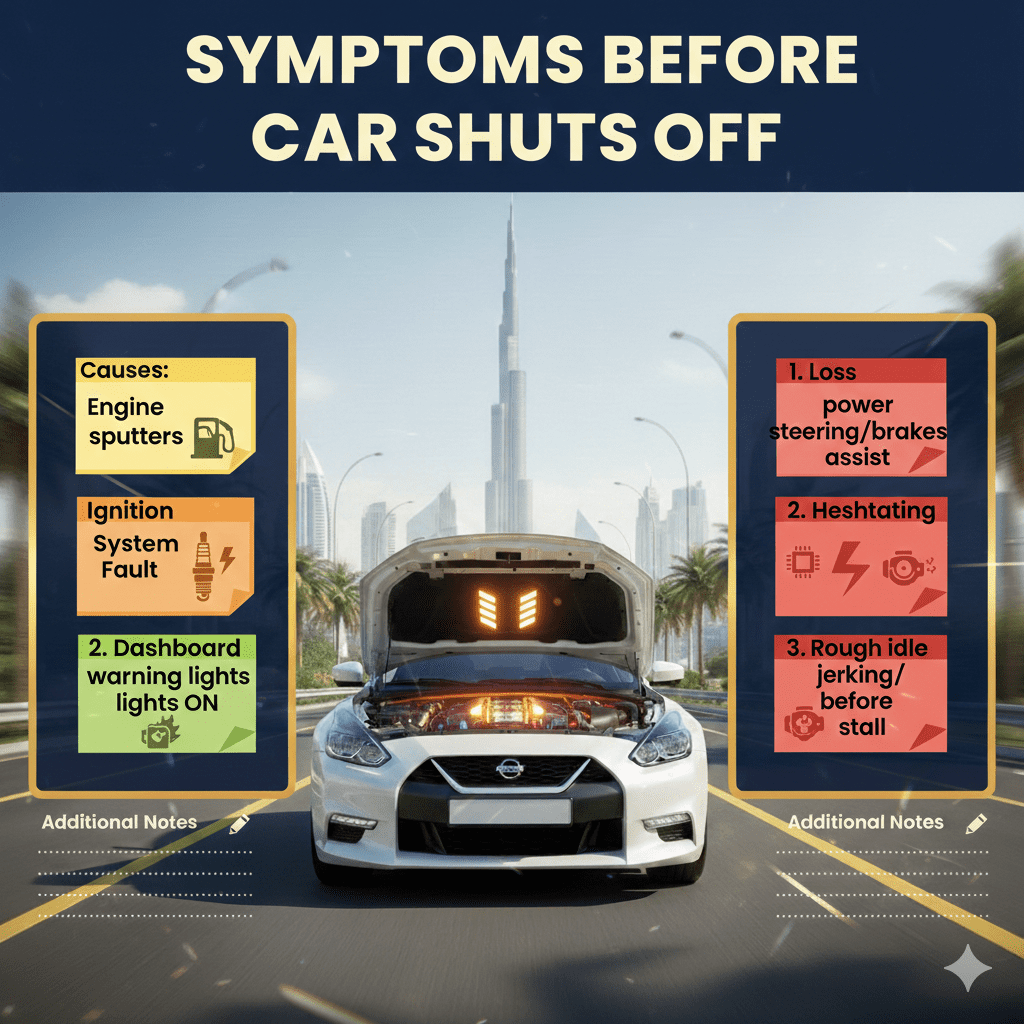 Animated-style user guide infographic showing a premium car with engine highlighted in Dubai cityscape, title 'Symptoms Before Car Shuts Off' at the top, and bullet points on sides listing engine sputters, dashboard warning lights, loss of power steering/brakes, hesitation, and rough idle.