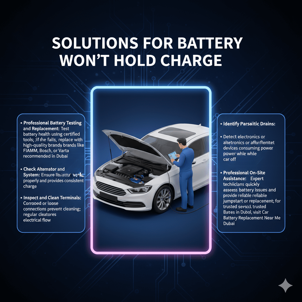 Animated-style user guide image showing the title "Solutions for Battery Won’t Hold Charge" at the top, a central animated car being serviced by a technician, and key solutions displayed neatly on both sides.