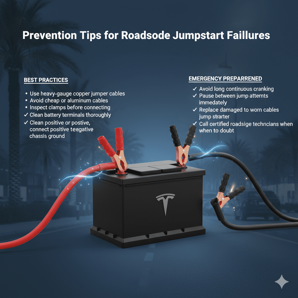"Prevention tips for roadside jumpstart failures with premium battery in center, key safe practices displayed as animated bullet points on sides, glowing jumper cables showing proper usage."