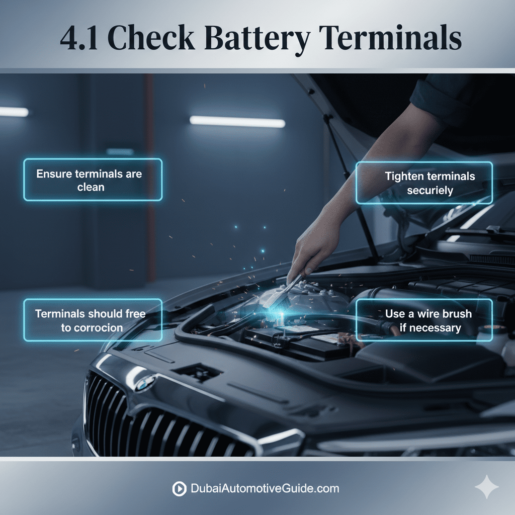 Feature image showing '4.1 Check Battery Terminals' with title at the top, instructions highlighted in glowing side text boxes, and a central cinematic premium car battery with hands cleaning terminals using a wire brush, animated-style highlights.