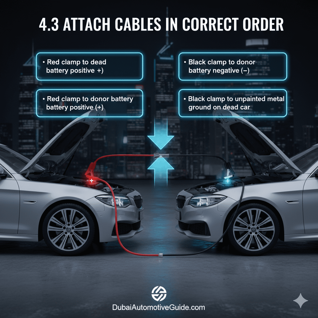 Feature image showing '4.3 Attach Cables in Correct Order' with title at the top, key steps highlighted in glowing side text boxes, and a central cinematic scene with two cars and jumper cables correctly attached, red and black clamps highlighted with animated arrows, animated-style highlights.
